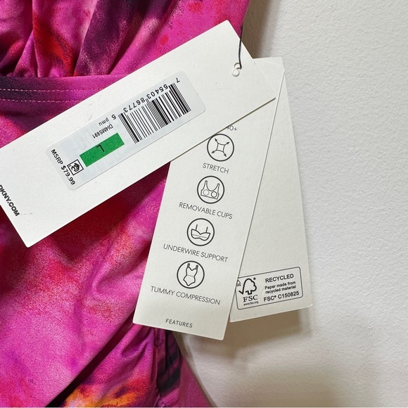 DKNY Pink Abstract Ruffle Trim One Piece Swimsuit Tummy Control Size L NWT - Picture 3 of 5